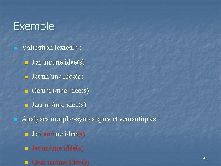 Exemple n n Validation lexicale : n J'ai un/une idée(s) n Jet un/une idée(s)