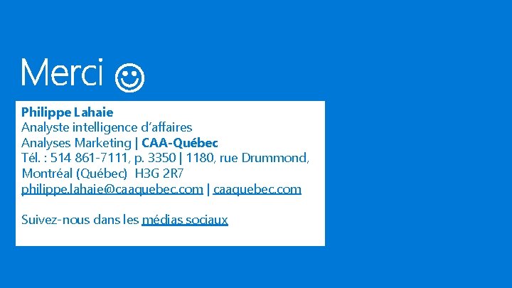 Philippe Lahaie Analyste intelligence d’affaires Analyses Marketing | CAA-Québec Tél. : 514 861 -7111,