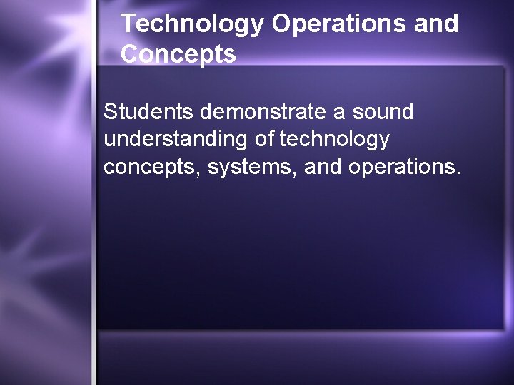 Technology Operations and Concepts Students demonstrate a sound understanding of technology concepts, systems, and