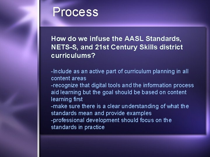 Process How do we infuse the AASL Standards, NETS-S, and 21 st Century Skills