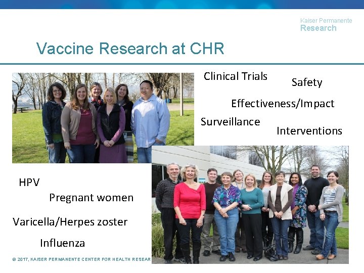 Kaiser Permanente Research Vaccine Research at CHR Clinical Trials Safety Effectiveness/Impact Surveillance Interventions HPV