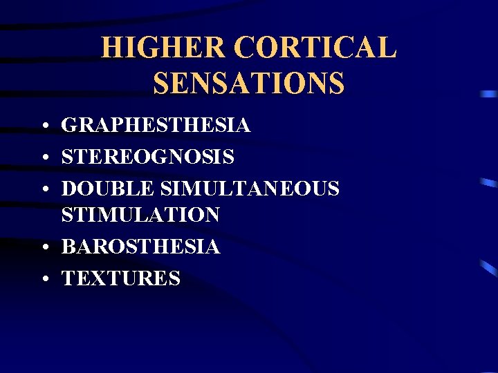 HIGHER CORTICAL SENSATIONS • GRAPHESTHESIA • STEREOGNOSIS • DOUBLE SIMULTANEOUS STIMULATION • BAROSTHESIA •