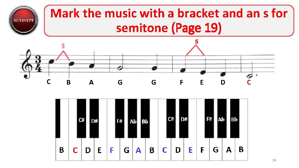 Mark the music with a bracket and an s for semitone (Page 19) s