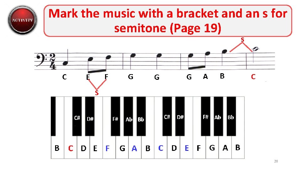 Mark the music with a bracket and an s for semitone (Page 19) s
