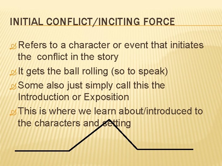 INITIAL CONFLICT/INCITING FORCE Refers to a character or event that initiates the conflict in