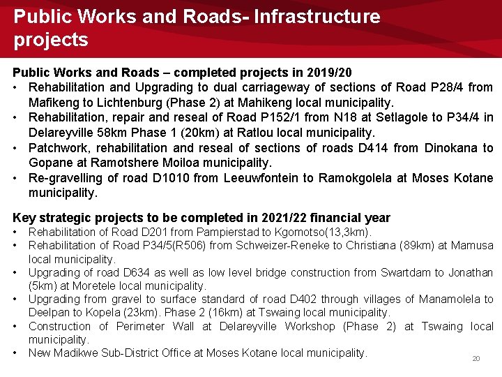 Public Works and Roads- Infrastructure projects Public Works and Roads – completed projects in