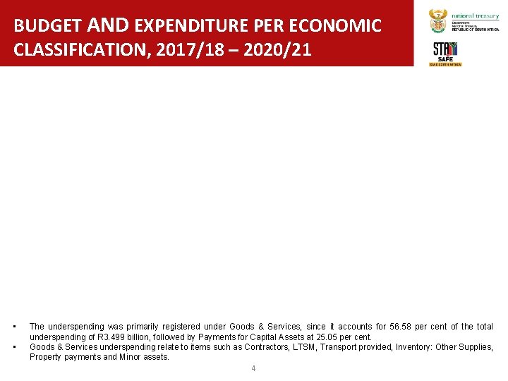BUDGET AND EXPENDITURE PER ECONOMIC CLASSIFICATION, 2017/18 – 2020/21 • • The underspending was