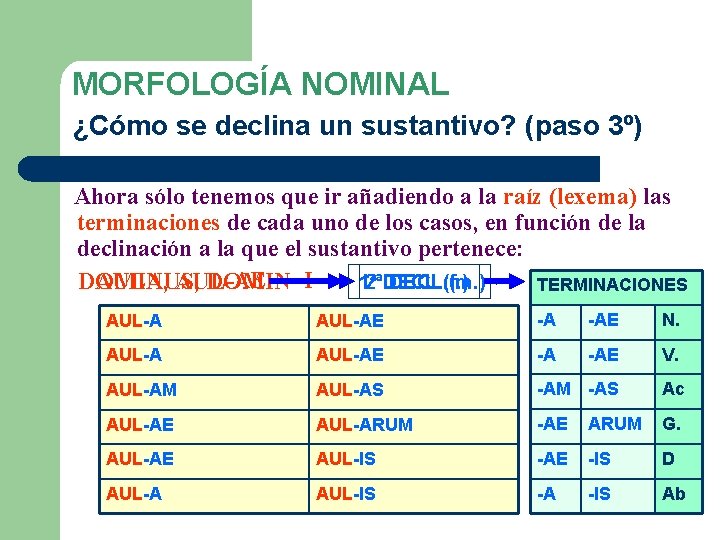 MORFOLOGÍA NOMINAL ¿Cómo se declina un sustantivo? (paso 3º) Ahora sólo tenemos que ir