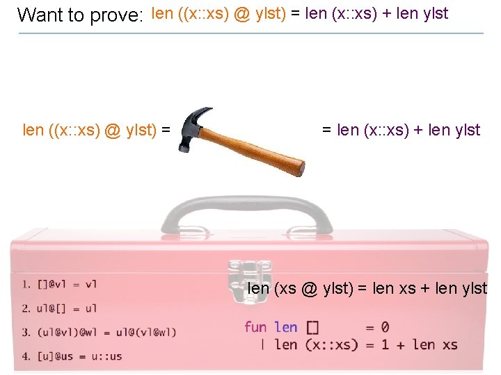 Want to prove: len ((x: : xs) @ ylst) = len (x: : xs)