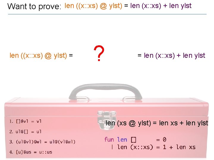 Want to prove: len ((x: : xs) @ ylst) = len (x: : xs)