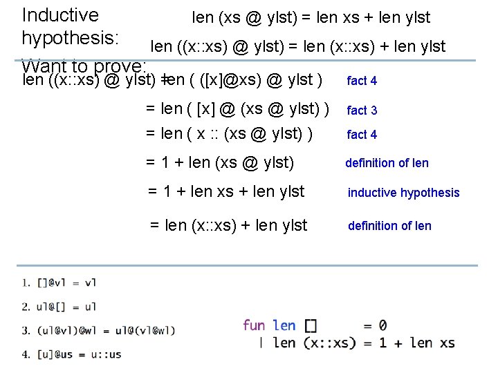 Inductive len (xs @ ylst) = len xs + len ylst hypothesis: len ((x: