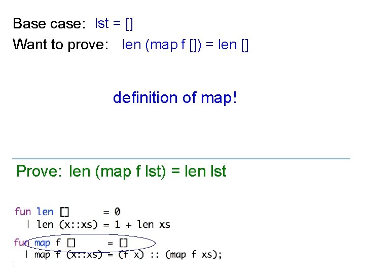 Base case: lst = [] Want to prove: len (map f []) = len