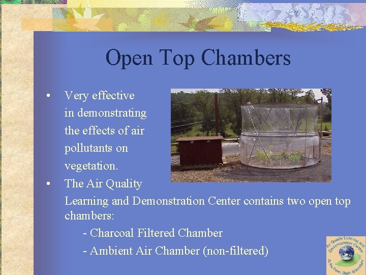 Open Top Chambers • • Very effective in demonstrating the effects of air pollutants