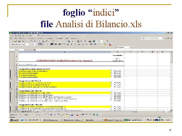 foglio “indici” file Analisi di Bilancio. xls 9 