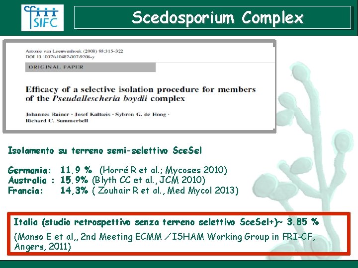 Scedosporium Complex Isolamento su terreno semi-selettivo Sce. Sel Germania: 11. 9 % (Horré R