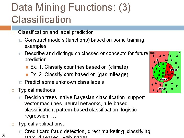 Data Mining Functions: (3) Classification 25 Classification and label prediction � Construct models (functions)