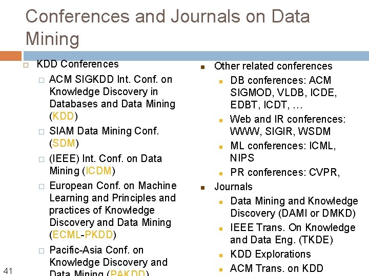 Conferences and Journals on Data Mining 41 KDD Conferences � ACM SIGKDD Int. Conf.