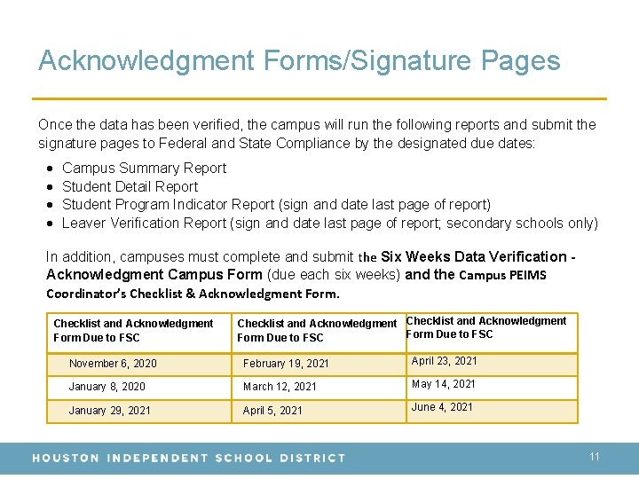 Acknowledgment Forms/Signature Pages Once the data has been verified, the campus will run the