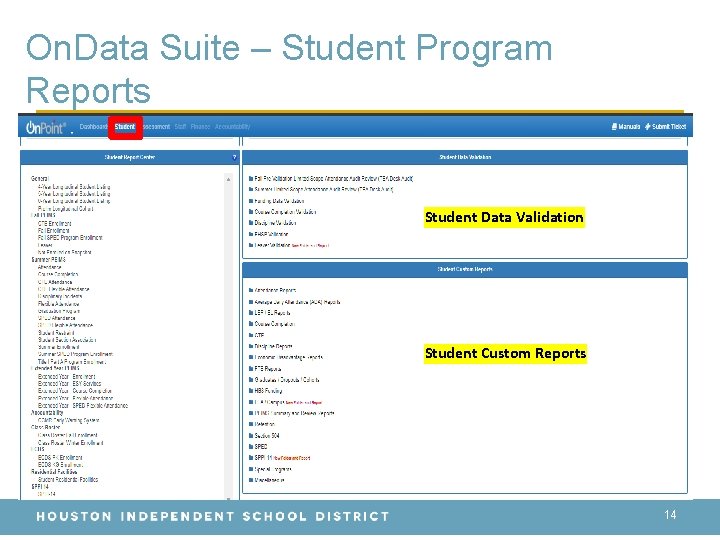 On. Data Suite – Student Program Reports Student Data Validation Student Custom Reports 14