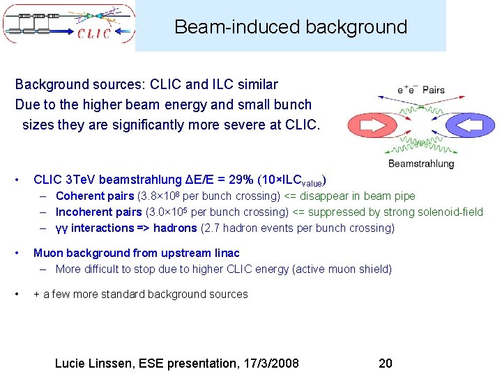 Beam-induced background Background sources: CLIC and ILC similar Due to the higher beam energy