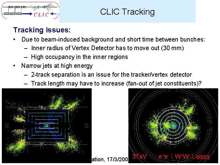 CLIC Tracking issues: • Due to beam-induced background and short time between bunches: –