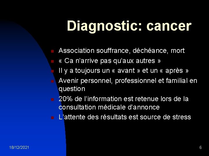 Diagnostic: cancer n n n 18/12/2021 Association souffrance, déchéance, mort « Ca n’arrive pas