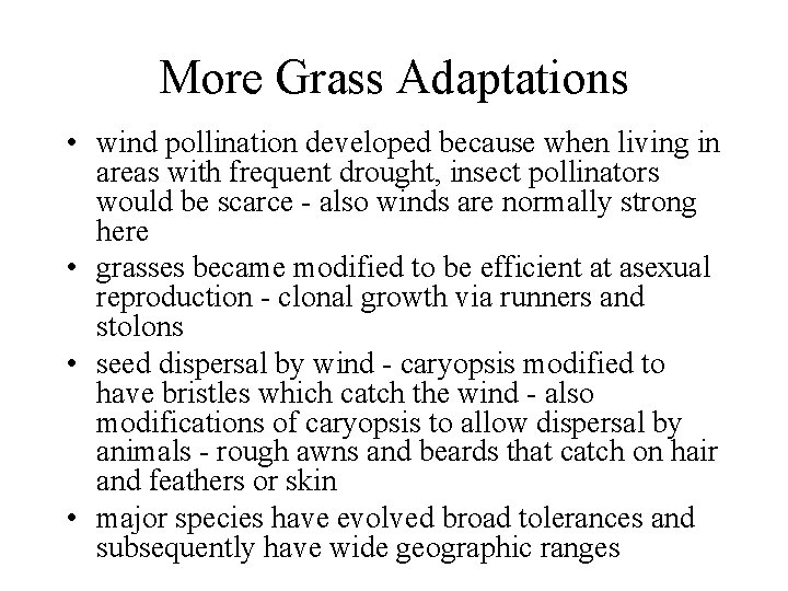 More Grass Adaptations • wind pollination developed because when living in areas with frequent