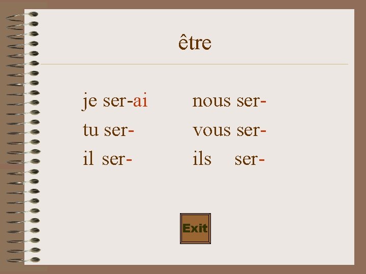 être je ser-ai tu seril ser- nous servous serils ser. Exit 