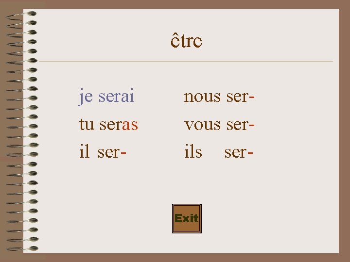 être je serai tu seras il ser- nous servous serils ser. Exit 