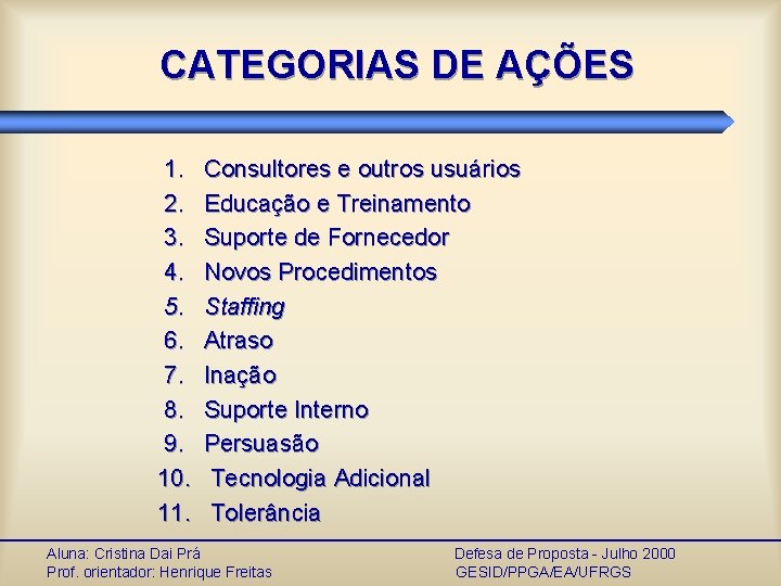 CATEGORIAS DE AÇÕES 1. 2. 3. 4. 5. 6. 7. 8. 9. 10. 11.