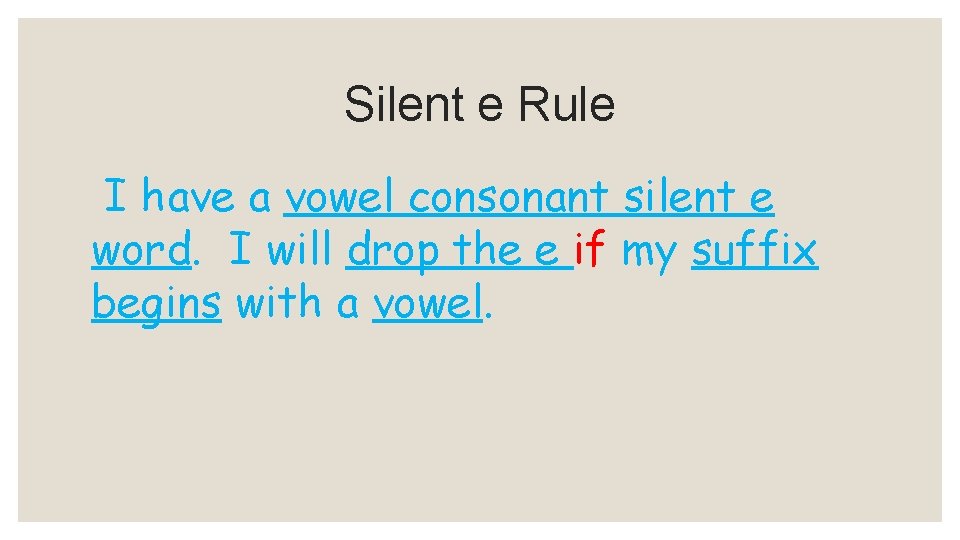 Silent e Rule I have a vowel consonant silent e word. I will drop