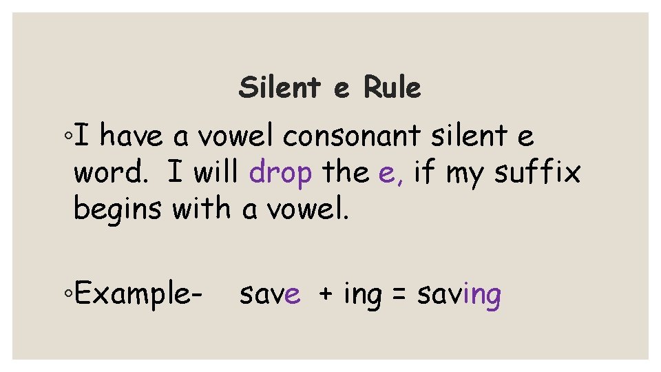 Silent e Rule ◦I have a vowel consonant silent e word. I will drop