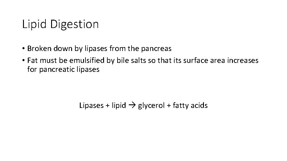 Lipid Digestion • Broken down by lipases from the pancreas • Fat must be