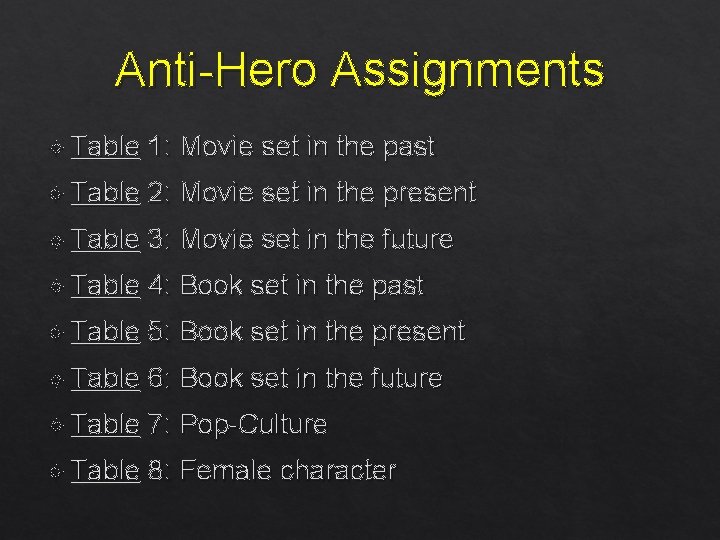 Anti-Hero Assignments Table 1: Movie set in the past Table 2: Movie set in