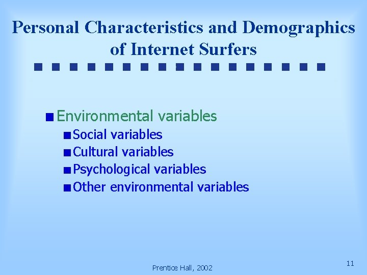 Personal Characteristics and Demographics of Internet Surfers Environmental variables Social variables Cultural variables Psychological