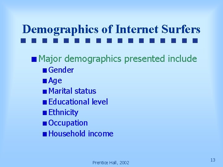 Demographics of Internet Surfers Major demographics presented include Gender Age Marital status Educational level