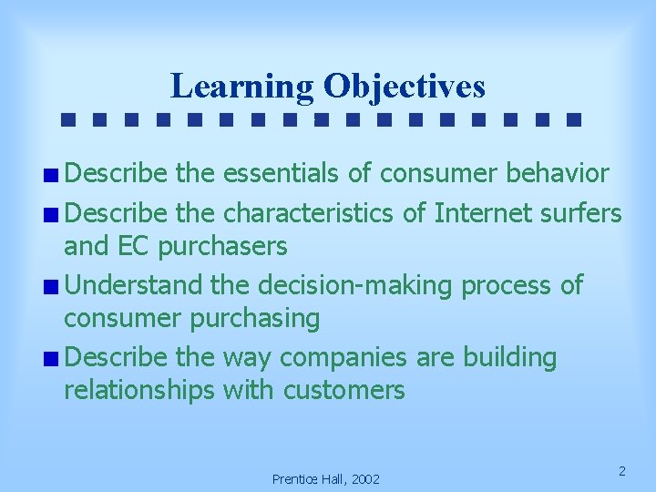 Learning Objectives Describe the essentials of consumer behavior Describe the characteristics of Internet surfers
