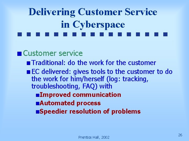 Delivering Customer Service in Cyberspace Customer service Traditional: do the work for the customer