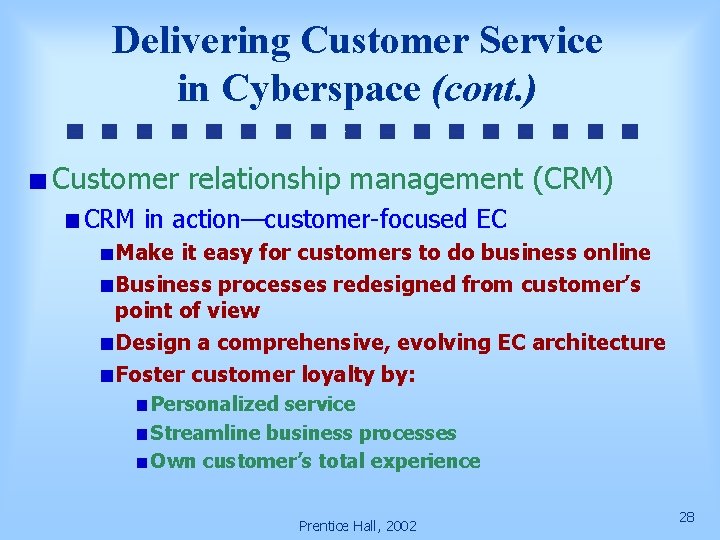 Delivering Customer Service in Cyberspace (cont. ) Customer relationship management (CRM) CRM in action—customer-focused