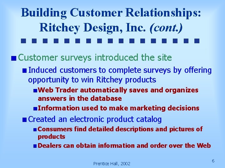 Building Customer Relationships: Ritchey Design, Inc. (cont. ) Customer surveys introduced the site Induced
