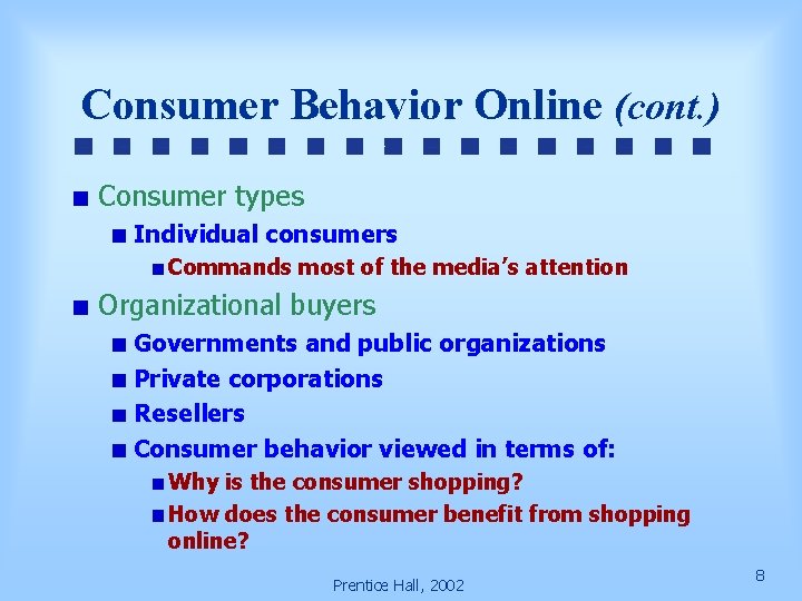 Consumer Behavior Online (cont. ) Consumer types Individual consumers Commands most of the media’s