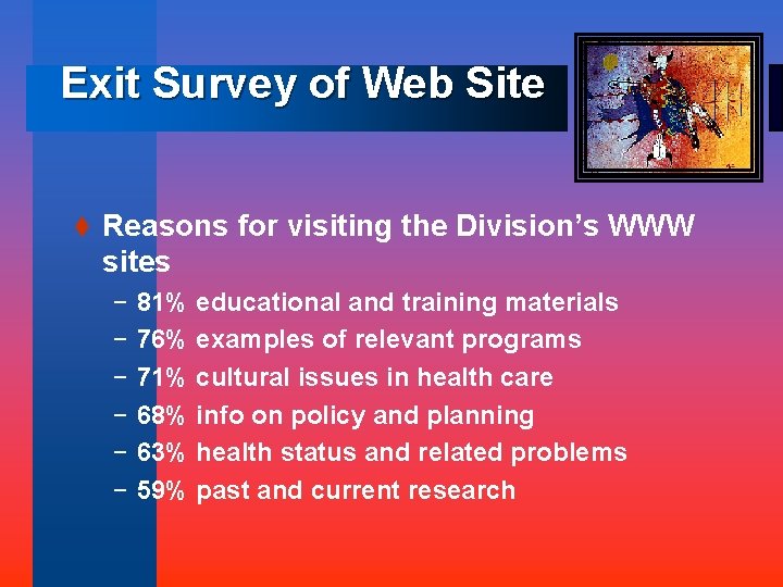 Exit Survey of Web Site t Reasons for visiting the Division’s WWW sites –