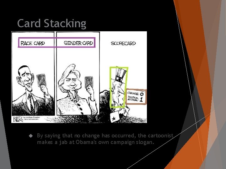 Card Stacking By saying that no change has occurred, the cartoonist makes a jab