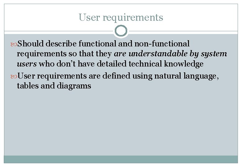 User requirements Should describe functional and non-functional requirements so that they are understandable by