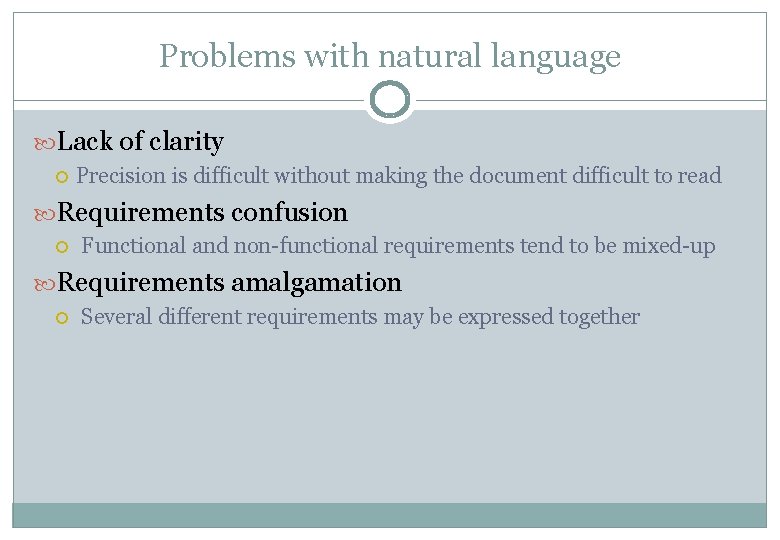 Problems with natural language Lack of clarity Precision is difficult without making the document