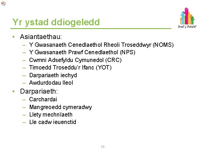 Yr ystad ddiogeledd • Asiantaethau: – – – Y Gwasanaeth Cenedlaethol Rheoli Troseddwyr (NOMS)