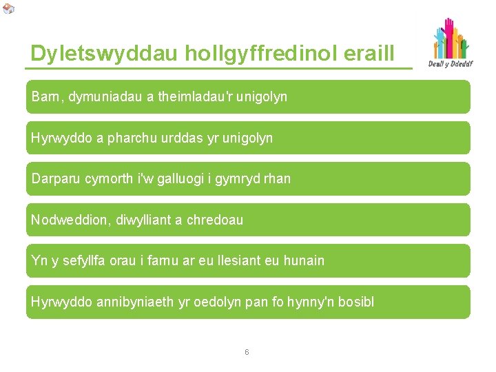 Dyletswyddau hollgyffredinol eraill Barn, dymuniadau a theimladau'r unigolyn Hyrwyddo a pharchu urddas yr unigolyn