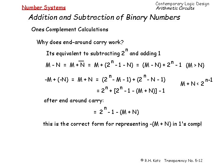 Contemporary Logic Design Arithmetic Circuits Number Systems Addition and Subtraction of Binary Numbers Ones