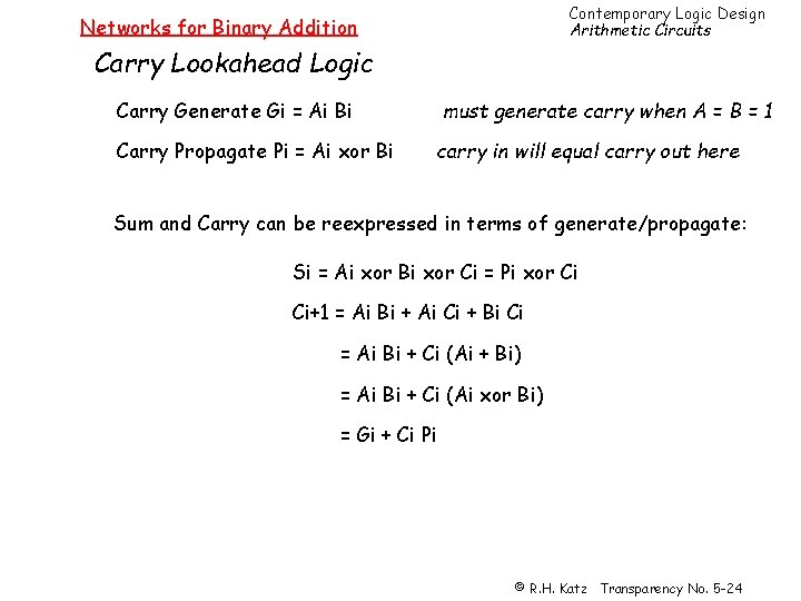 Contemporary Logic Design Arithmetic Circuits Networks for Binary Addition Carry Lookahead Logic Carry Generate