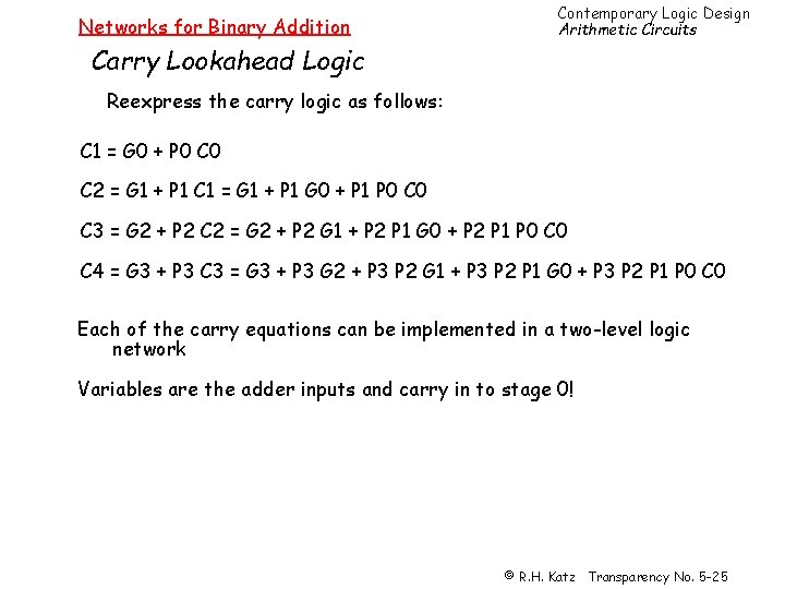 Networks for Binary Addition Contemporary Logic Design Arithmetic Circuits Carry Lookahead Logic Reexpress the
